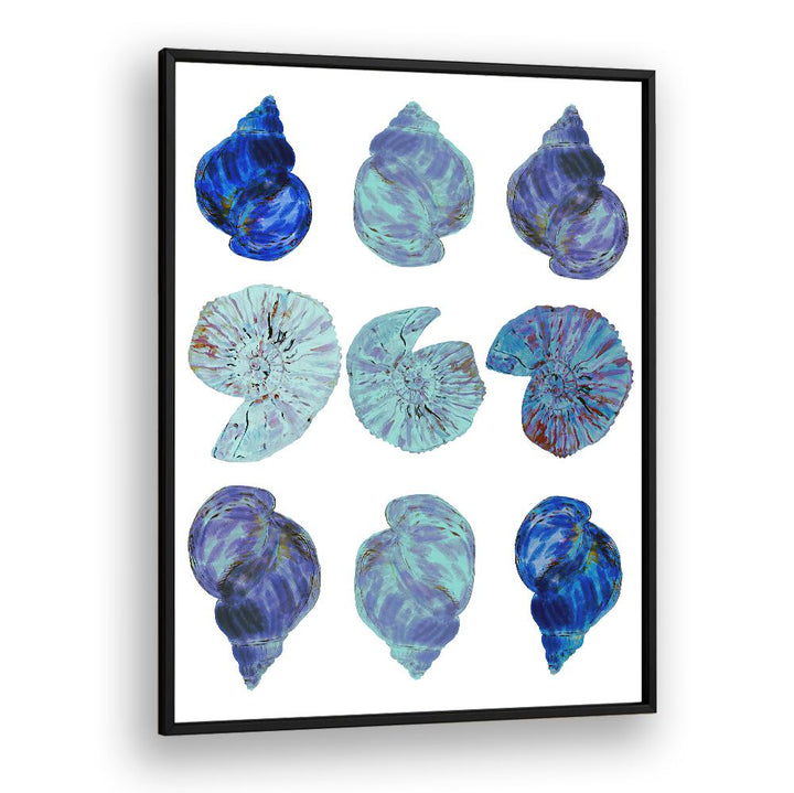 Colorful BLUE SEA SHELLS, BEACH PAINTINGS capturing coastal beauty, perfect for your home decor.