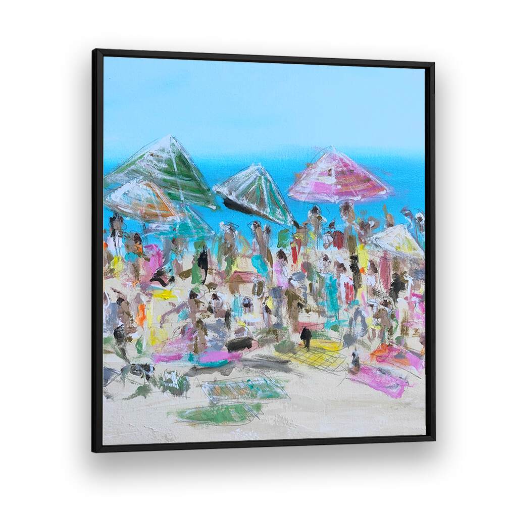 Colorful beach scene featuring umbrellas and people, capturing the essence of VIBRANT BEACH BLISS, BEACH PAINTINGS.