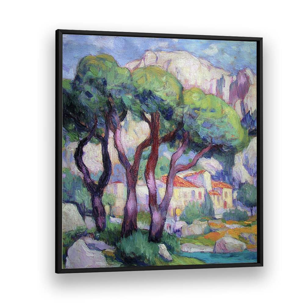 Decorate your space with PINE TREES IN FRONT OF THE HOUSE artwork, showcasing nature's beauty and tranquility.