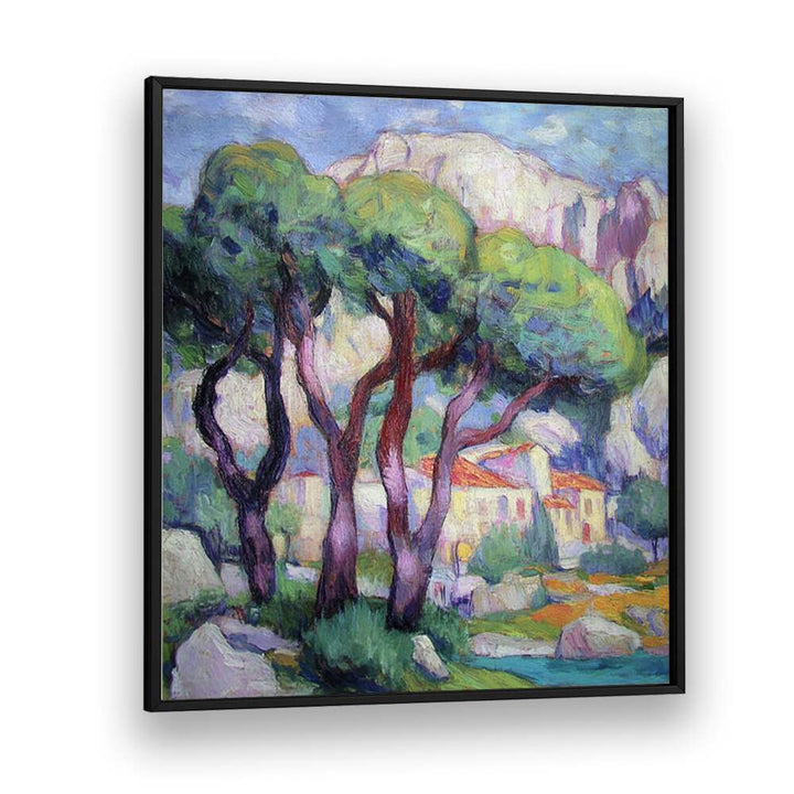 Decorate your space with PINE TREES IN FRONT OF THE HOUSE artwork, showcasing nature's beauty and tranquility.