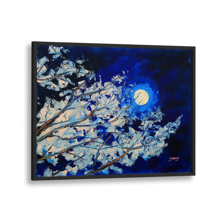 Stunning BLUEMOON, LANDSCAPE PAINTINGS featuring a vivid night sky with a glowing moon and delicate branches.