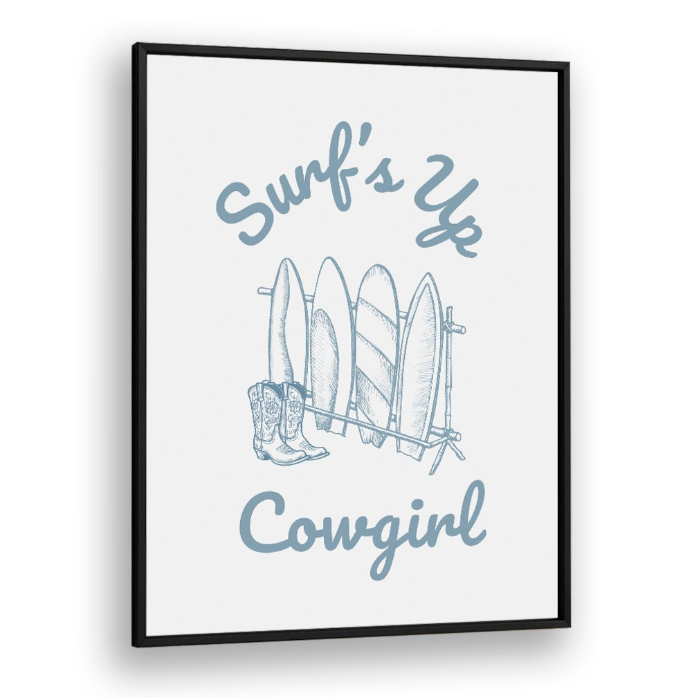 Stylish SURFS UP COWGIRL, BEACH PAINTINGS featuring surfboards and cowboy boots, perfect for adventurous decor.