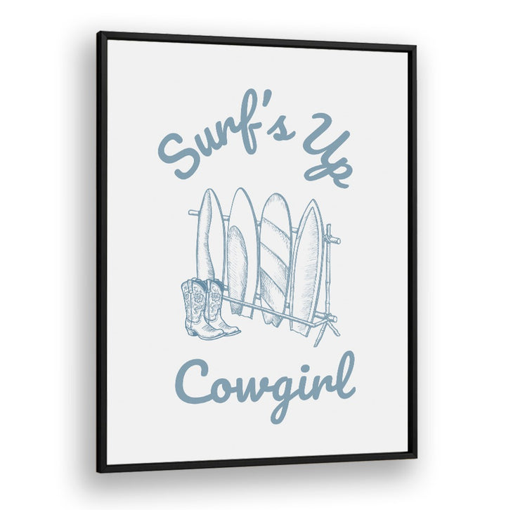 Stylish SURFS UP COWGIRL, BEACH PAINTINGS featuring surfboards and cowboy boots, perfect for adventurous decor.