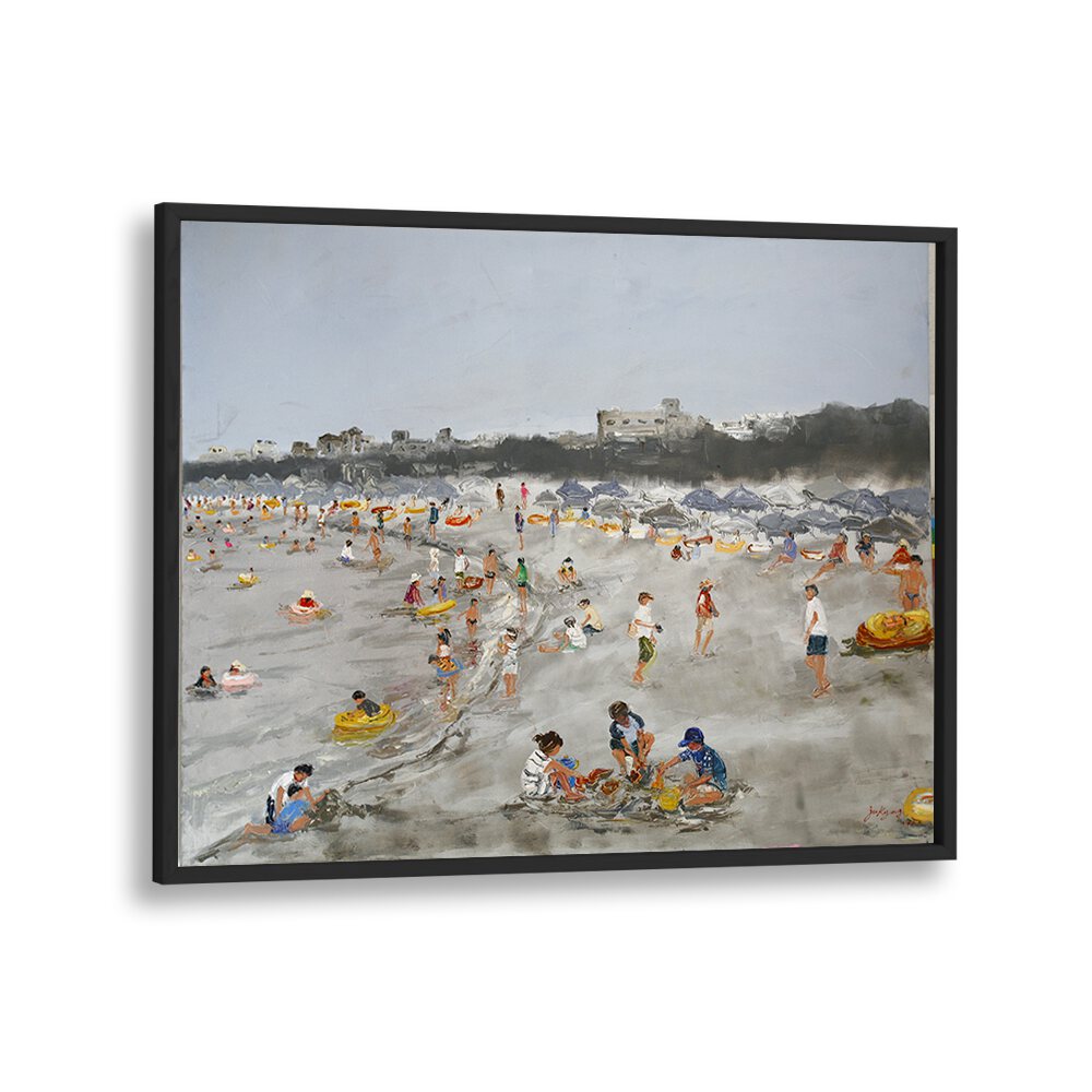 Colorful BEACH STORY, BEACH PAINTINGS capture joyful moments on a bustling beach scene perfect for any decor.