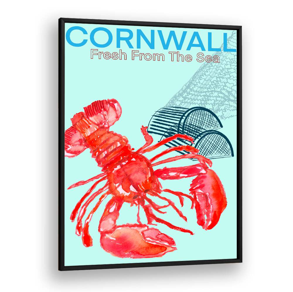 Bright and vibrant Cornwall Sea Poster, Beach Paintings, featuring a striking lobster design, perfect for coastal decor.