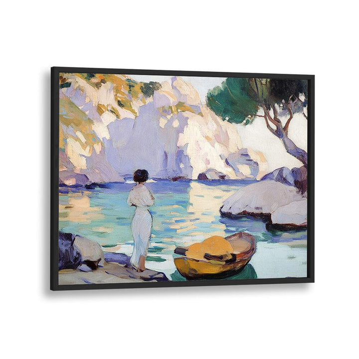 Serene artwork featuring a WOMAN IN A BOAT gracefully navigating tranquil waters, perfect for any elegant space.