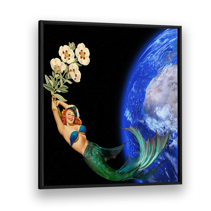 Whimsical mermaid holding flowers against Earth backdrop, perfect for SWIMMING AWAY, SURREAL ART PRINTS lovers.