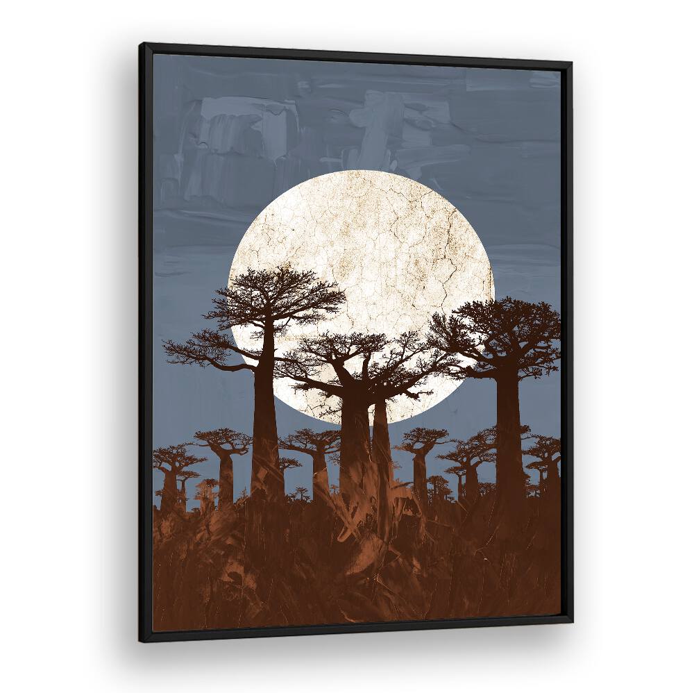 ONYESHA ODILI, AFRICAN ART PAINTINGS showcase a striking baobab tree silhouette against a full moon backdrop.