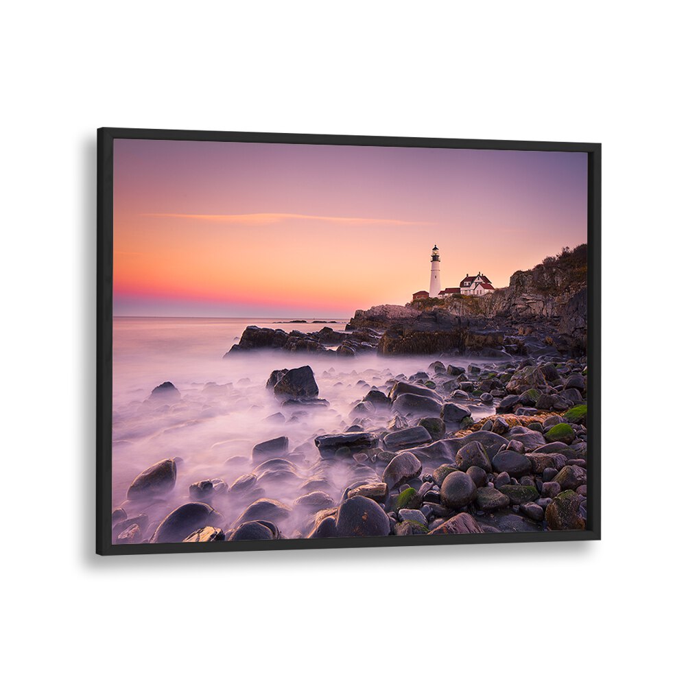 Stunning PORTLAND HEADLIGHT, PHOTOGRAPHY PRINTS capture the iconic lighthouse against a vibrant coastal sunset.