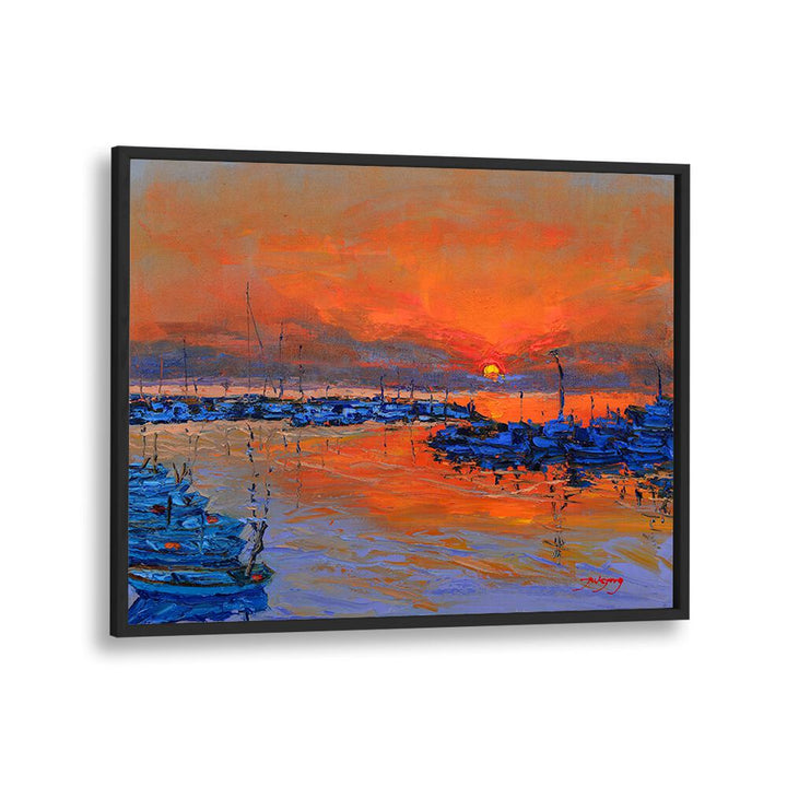 Vibrant SUNRISE, LANDSCAPE PAINTINGS showcasing a stunning sunset over a tranquil marina with colorful boats.