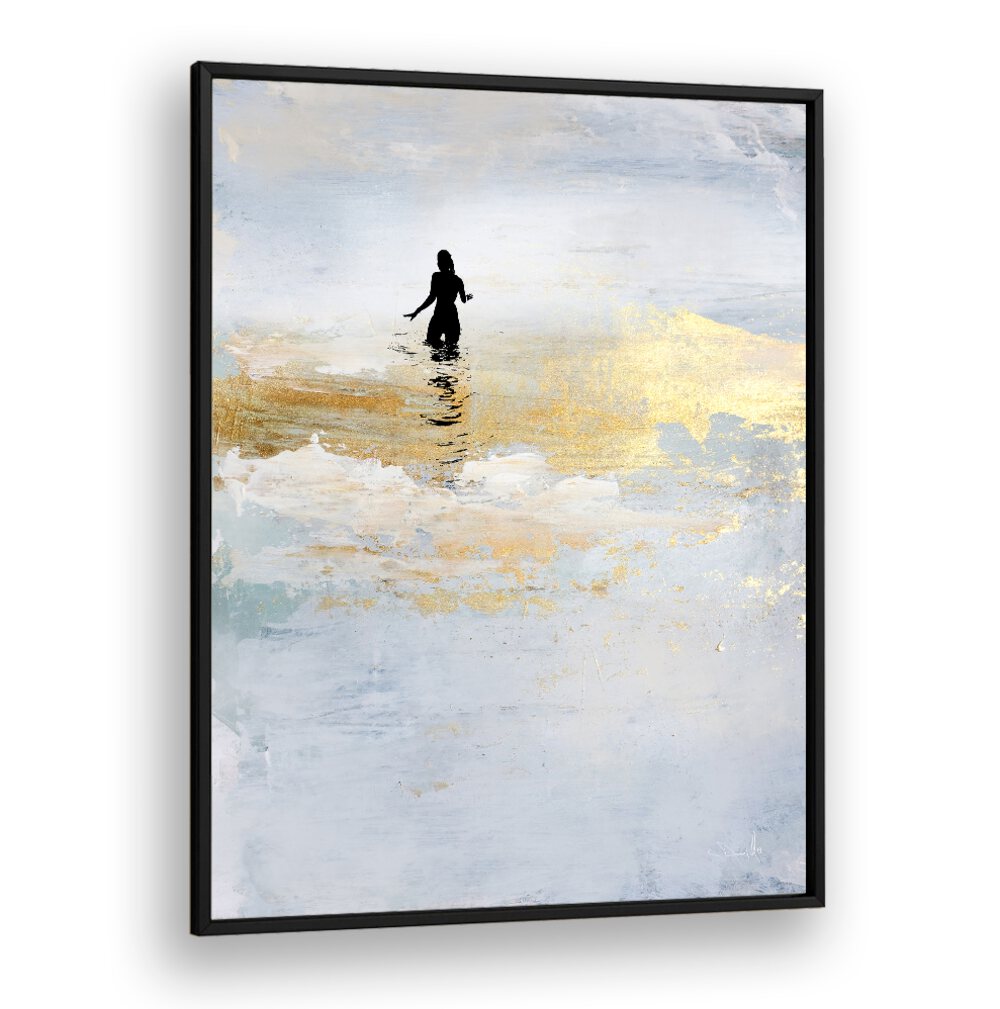Vibrant SUN DIP, ABSTRACT PAINTINGS showcase an elegant silhouette against a shimmering gold and blue backdrop.