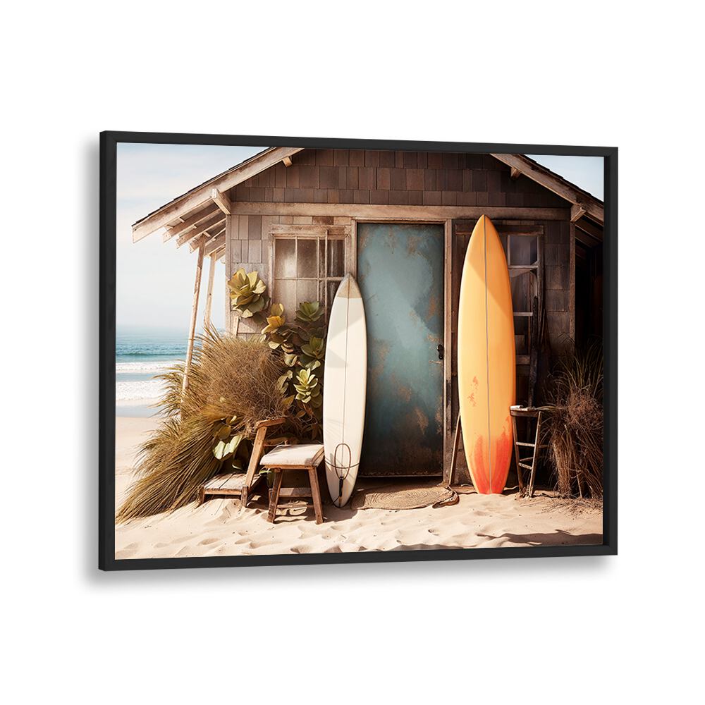 VINTAGE VIBRANCE, BEACH PAINTINGS showcase a charming beach scene with surfboards and rustic coastal decor.
