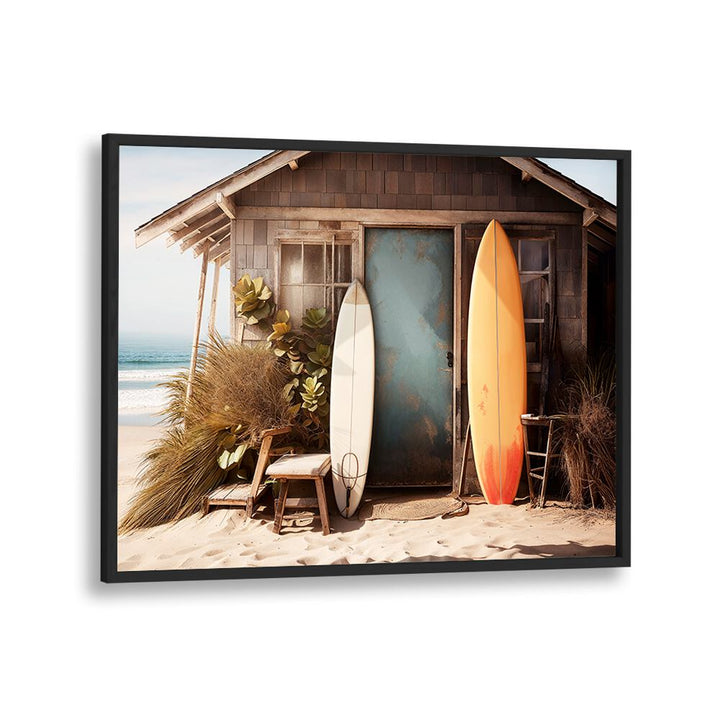 VINTAGE VIBRANCE, BEACH PAINTINGS showcase a charming beach scene with surfboards and rustic coastal decor.