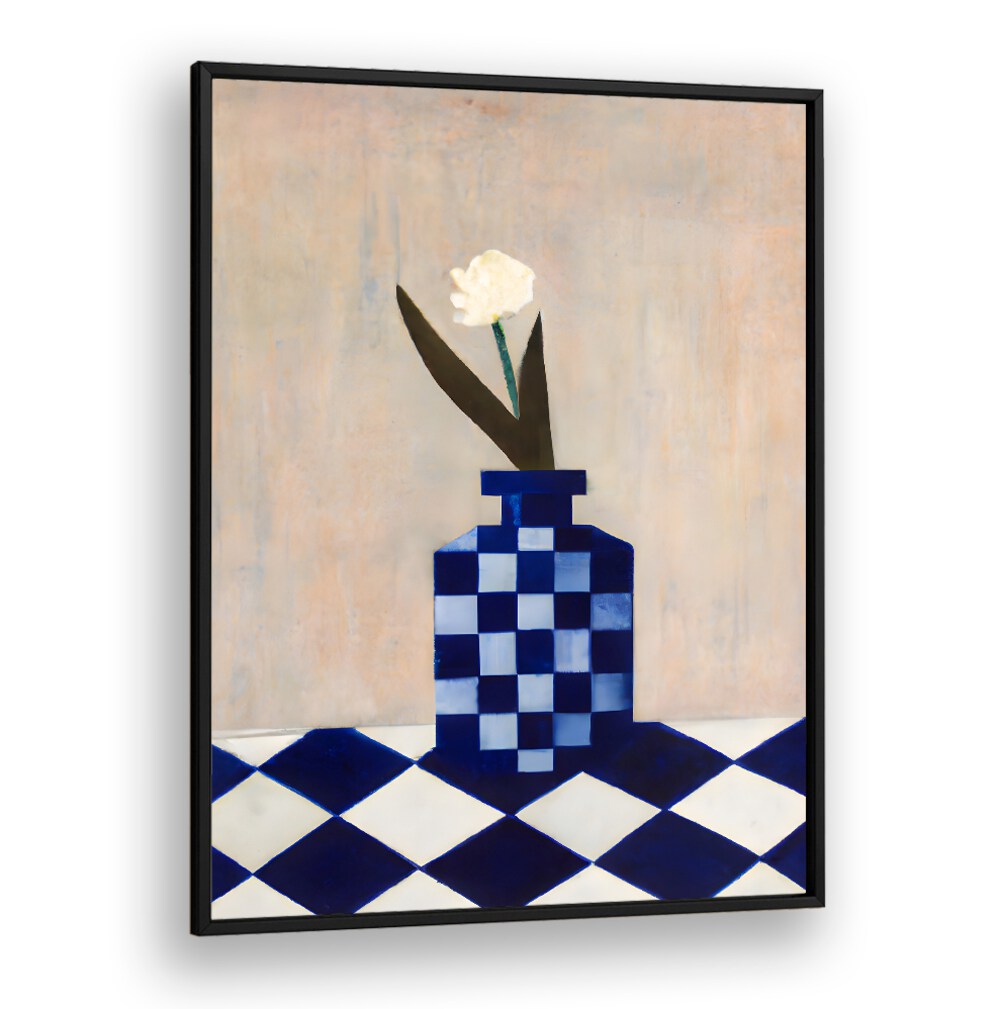 CHECK THE VASE , KITCHEN POSTERS featuring a blue checkered vase with a white flower on a matching checkered table design