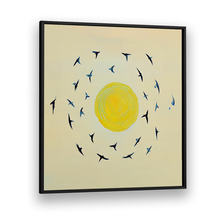 FLY AWAY WITH ME , KIDS ROOM PAINTINGS featuring birds flying around a bright yellow sun, perfect for creative kids’ rooms.