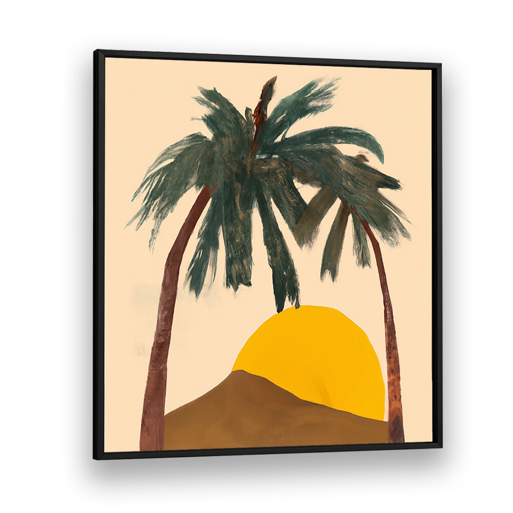 ARCHY PALMS, BEACH PAINTINGS showcase serene palm trees and a sunset, perfect for coastal-inspired home decor.