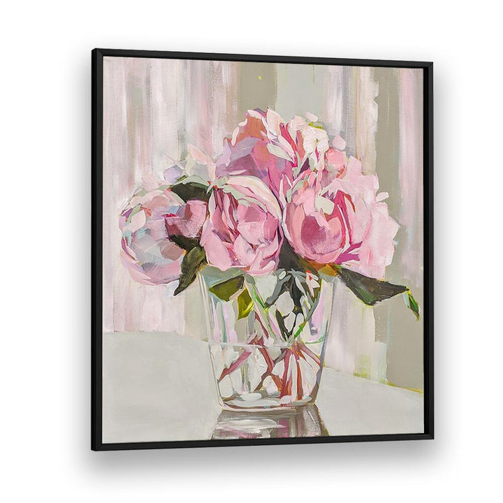Vibrant PEONIES, FLORAL FLOWER PAINTINGS in a glass vase, adding elegance to any space with stunning brushstrokes.