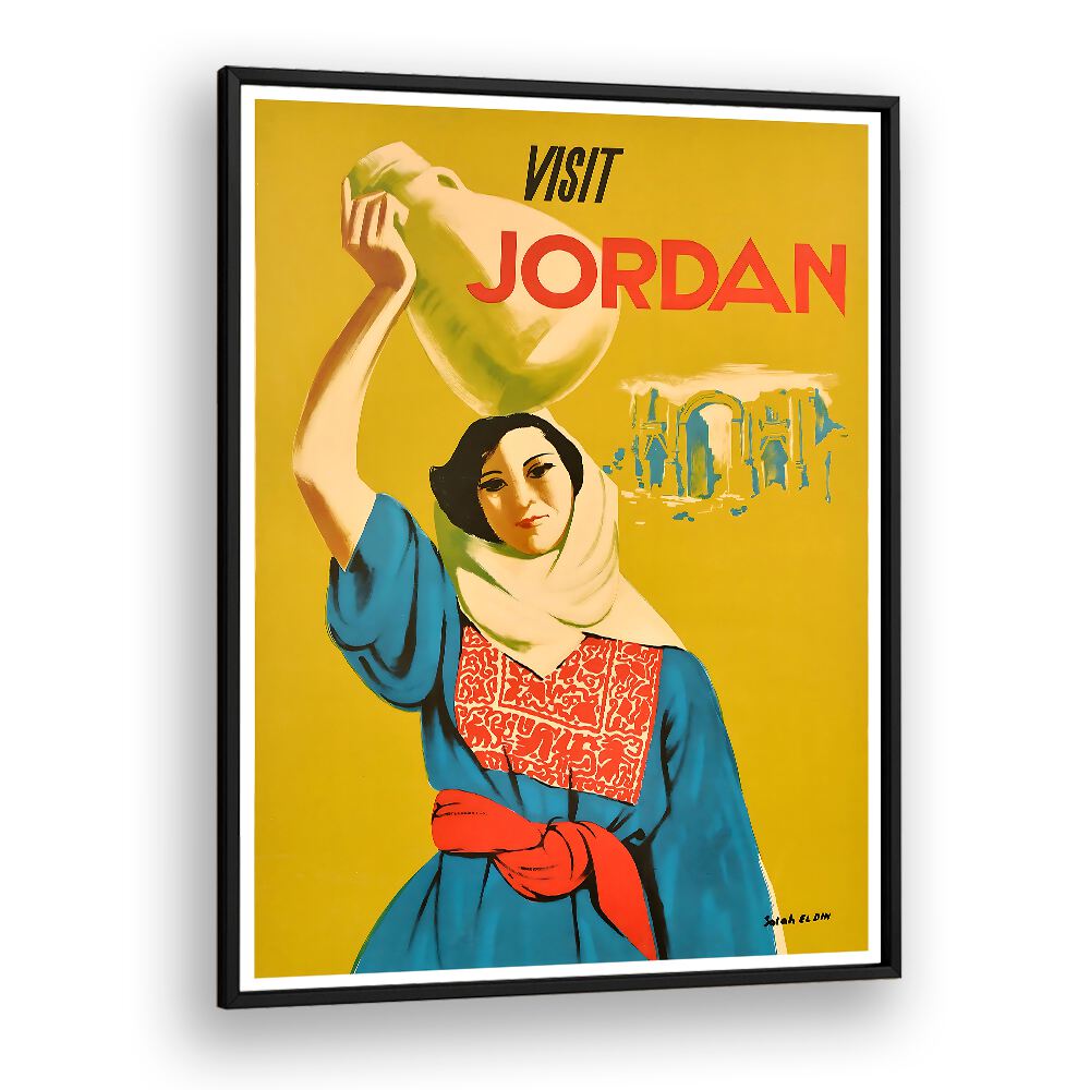 Colorful VISIT JORDAN, VINTAGE TRAVEL POSTERS featuring a woman holding a pitcher, perfect for home decor.