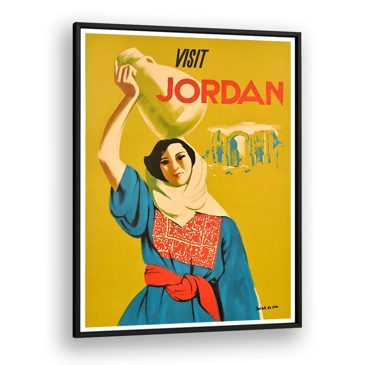 Colorful VISIT JORDAN, VINTAGE TRAVEL POSTERS featuring a woman holding a pitcher, perfect for home decor.
