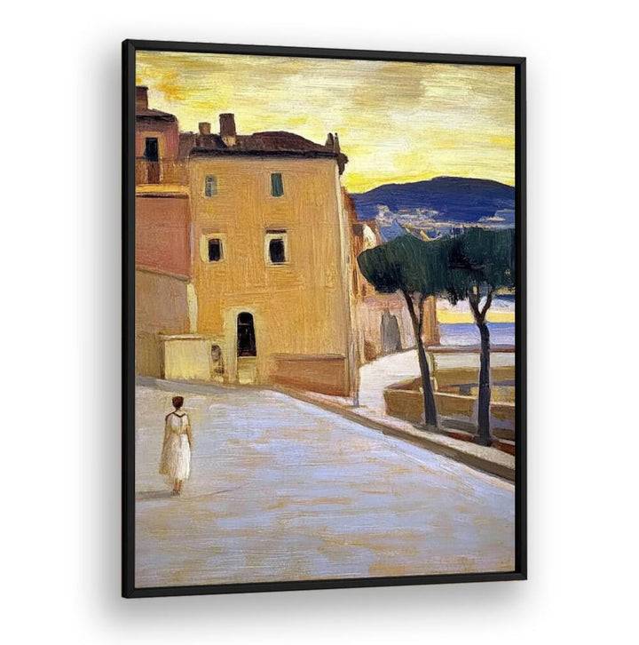 Captivating artwork titled "WOMAN WALKING DOWN A STREET," blending modern charm with vibrant aesthetics.