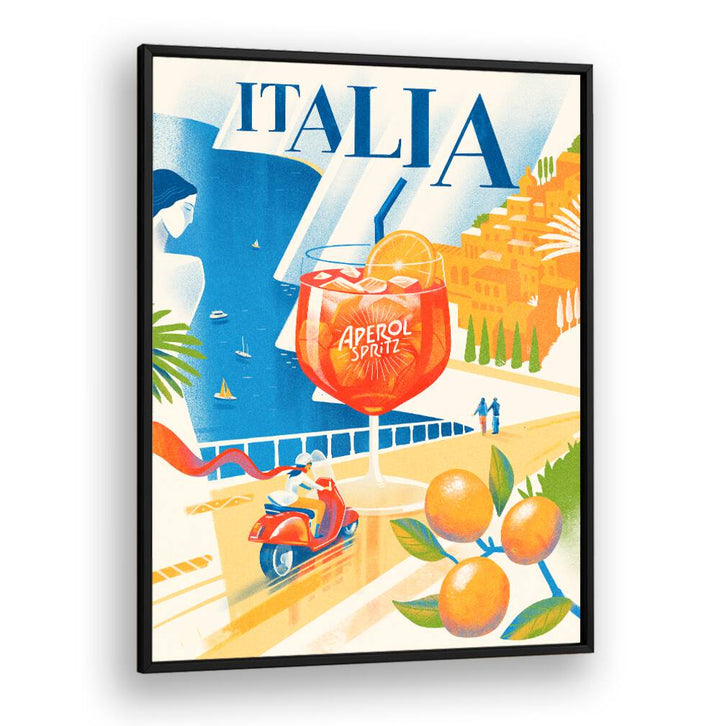 Vibrant ITALIA, BAR & CAFE ART features an Aperol Spritz cocktail and coastal scenery, perfect for modern decor.