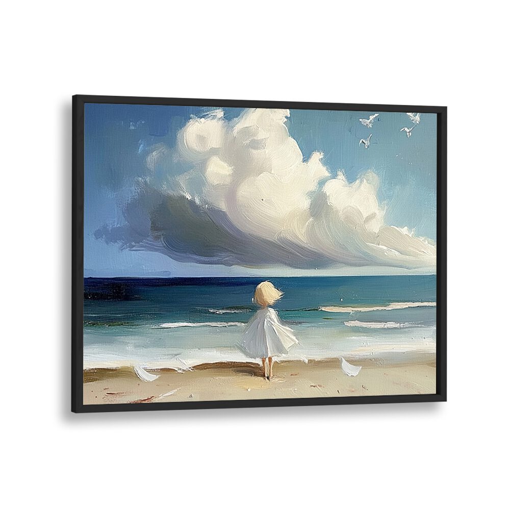 Charming LITTLE GIRL ON THE BEACH artwork evokes childhood joy, perfect for adding whimsy to your decor.