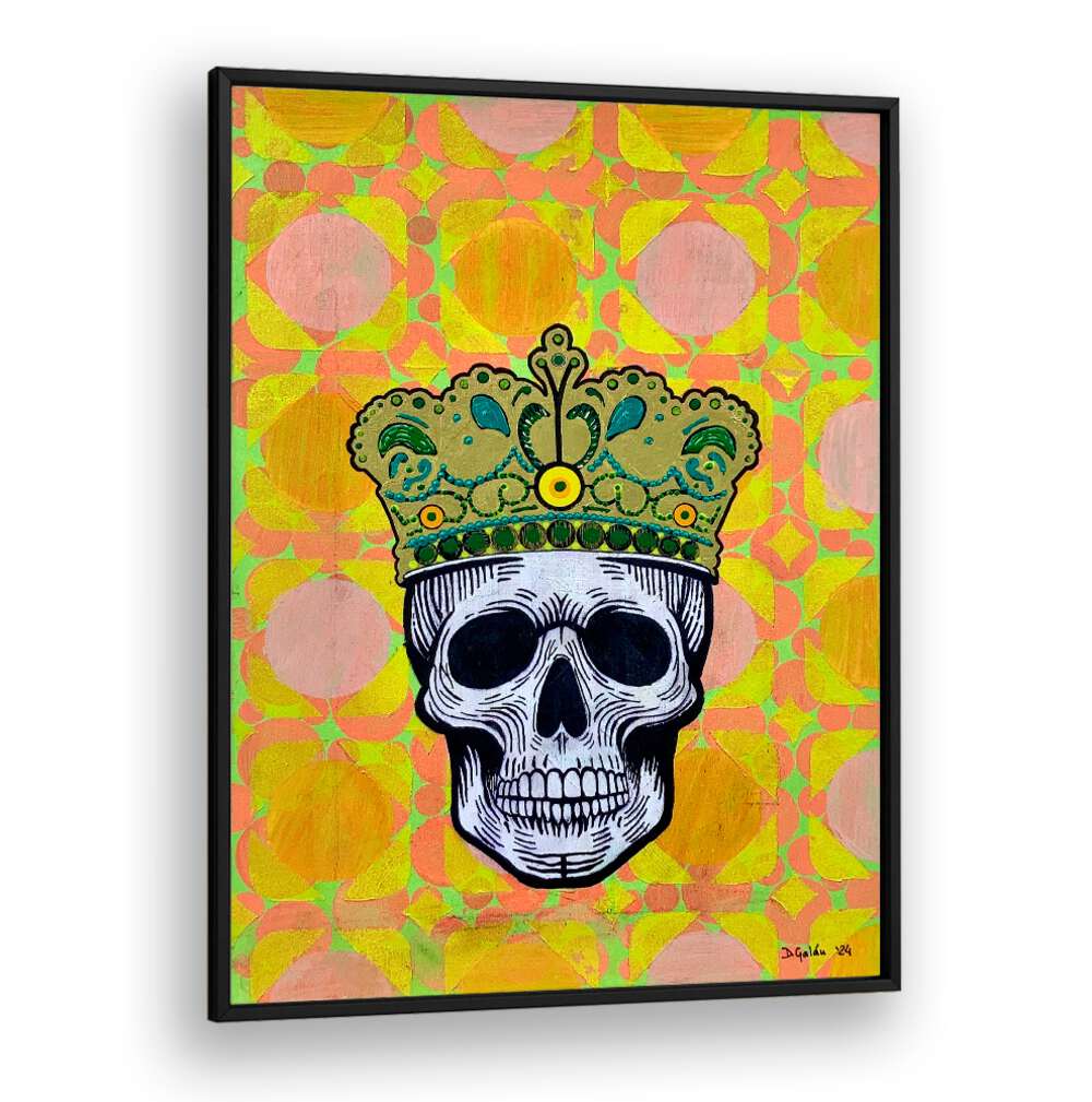Vibrant MEMENTO MORI 5.0, POP ART PAINTINGS featuring a crowned skull, blending art with mindfulness. Perfect for decor.