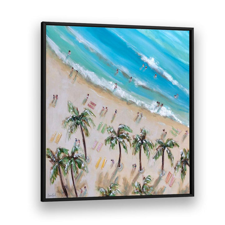 Vibrant BEACH AND PALM BLISS, BEACH PAINTINGS capturing coastal paradise with lively beach scenes and palm trees.