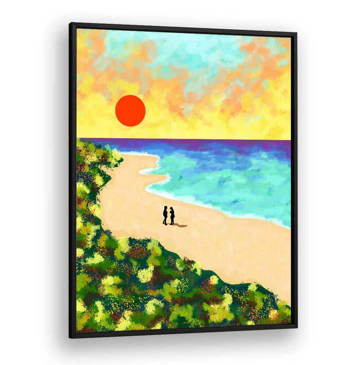 Vibrant sunset beach scene featuring two figures, perfect for GOLDEN GLOW, LANDSCAPE PAINTINGS collection.