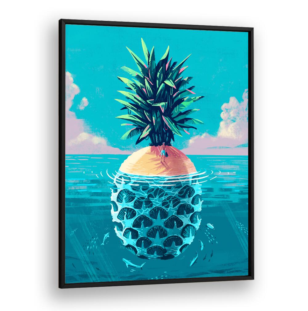 Vibrant beach painting featuring a pineapple island, perfect for fans of STRANDED ON PINEAPPLE ISLAND, BEACH PAINTINGS.