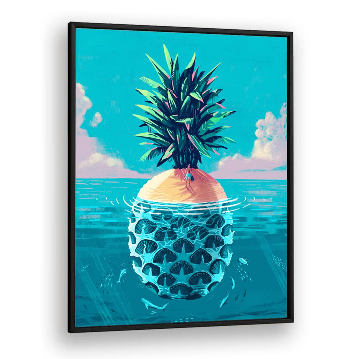 Vibrant beach painting featuring a pineapple island, perfect for fans of STRANDED ON PINEAPPLE ISLAND, BEACH PAINTINGS.