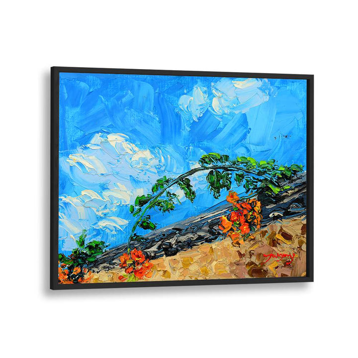 Vibrant JACARANDA CANVAS, FLORAL FLOWER PAINTINGS showcasing bright flowers against a blue sky backdrop.