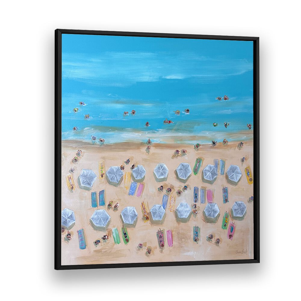 Vibrant BIRDSEYE WHITE UMBRELLAS, BEACH PAINTINGS capturing sunny beach scenes for a coastal home decor vibe.
