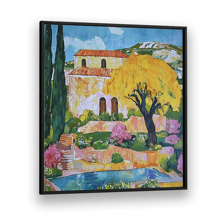 Vibrant artwork of a HOUSE BY THE POOL, showcasing luxury living and serene outdoor elegance. Perfect for your space!