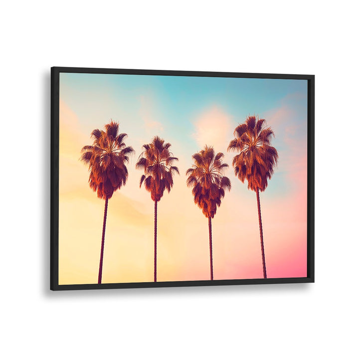 Vibrant L.A Sunset Palms, beach paintings showcasing golden palms against a colorful sky, perfect for any oasis décor.