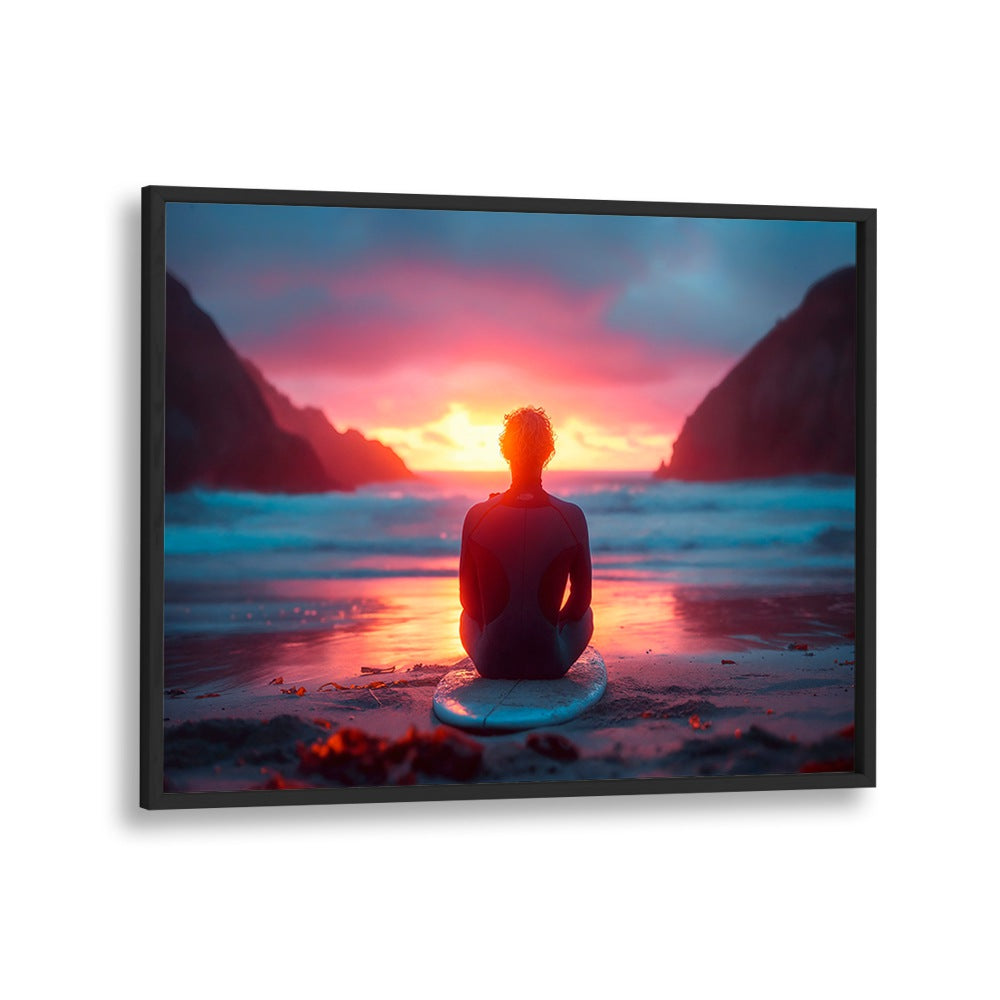 Vibrant SURFSIDE SUNSET, BEACH PAINTINGS depicting a serene evening scene with a surfer by the ocean's edge.
