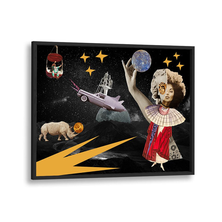 LUNA, SURREAL ART PRINTS features a vibrant collage of cosmic elements and modern artistry, perfect for contemporary decor.