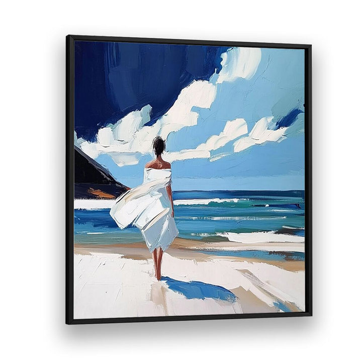 Serene artwork of a woman walking on the beach, capturing tranquility and coastal vibes perfectly.