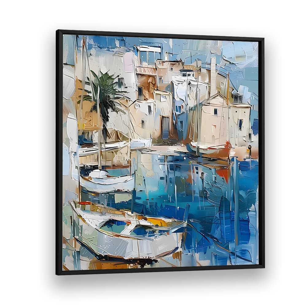 Stunning art piece, BOATS IN THE HARBOR MALLORCATHERAPY II, showcasing serene harbor life and vibrant colors.
