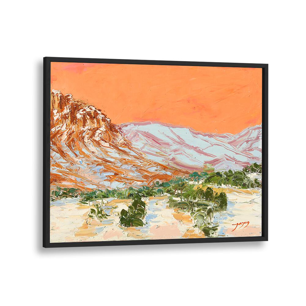 Vibrant MOUNTAIN, LANDSCAPE PAINTINGS showcase textured peaks against a striking orange sky, enhancing any decor.