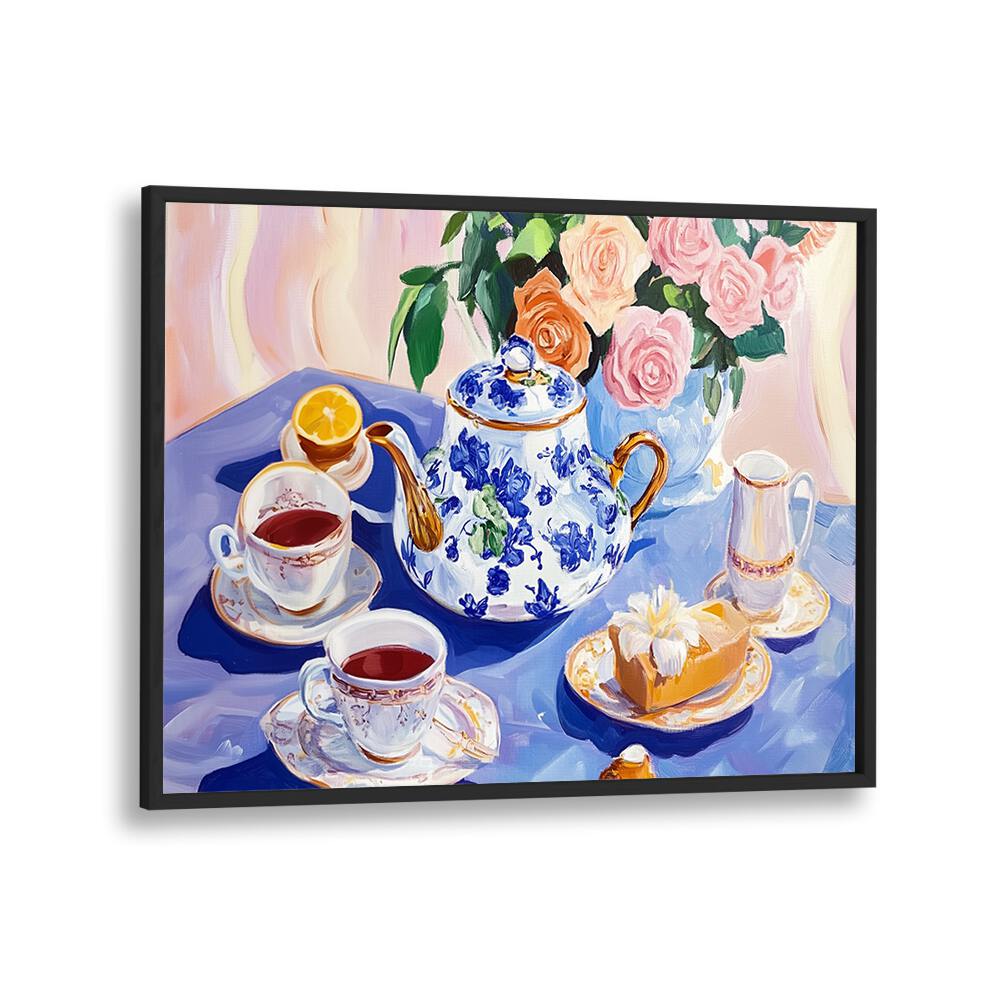 Elegant AFTERNOON TEA TABLE, KITCHEN POSTERS showcase a beautifully arranged tea set and floral decor for gatherings.