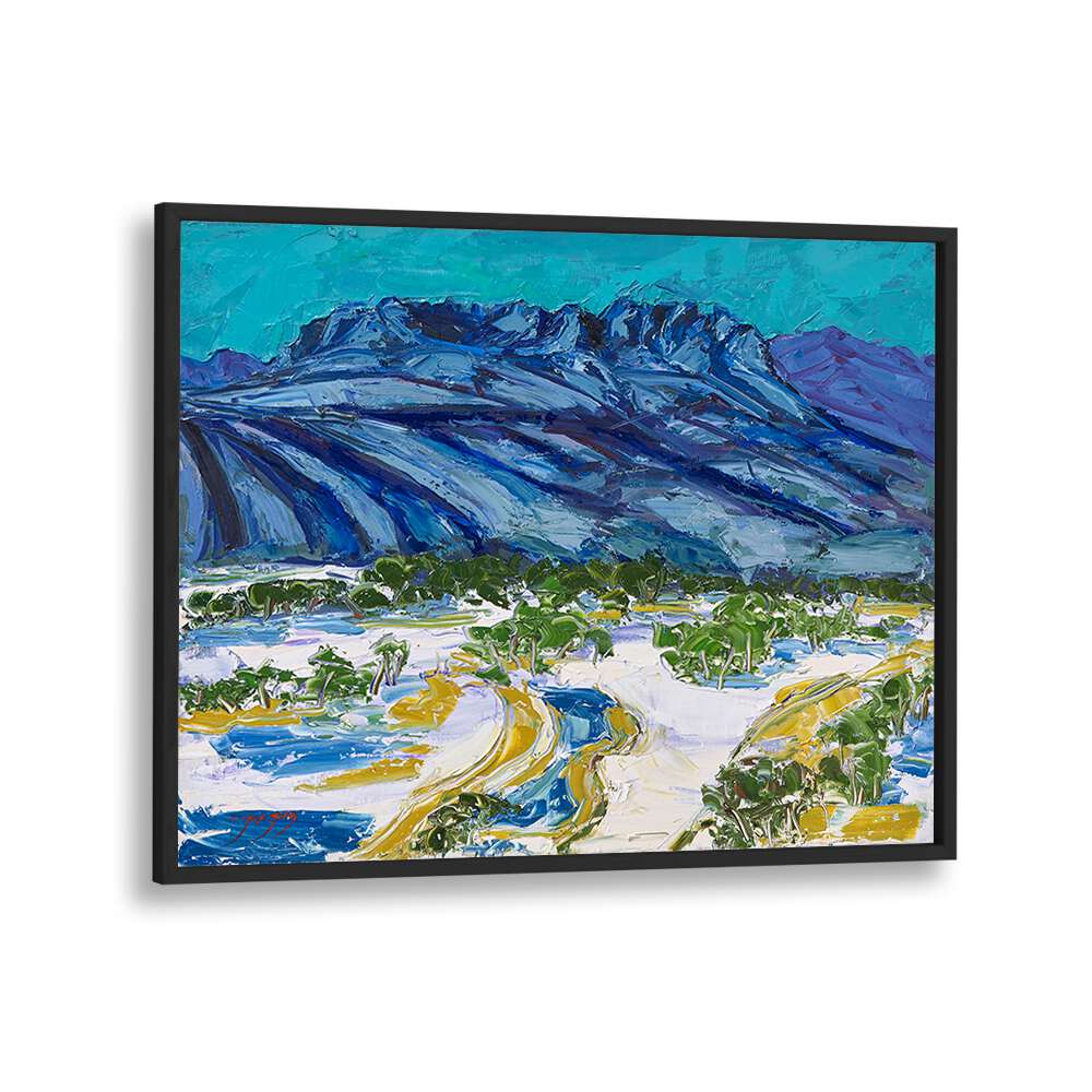Colorful SNOWY WITH MOUNTAINS, LANDSCAPE PAINTINGS depicting a vibrant winter scene with majestic peaks.