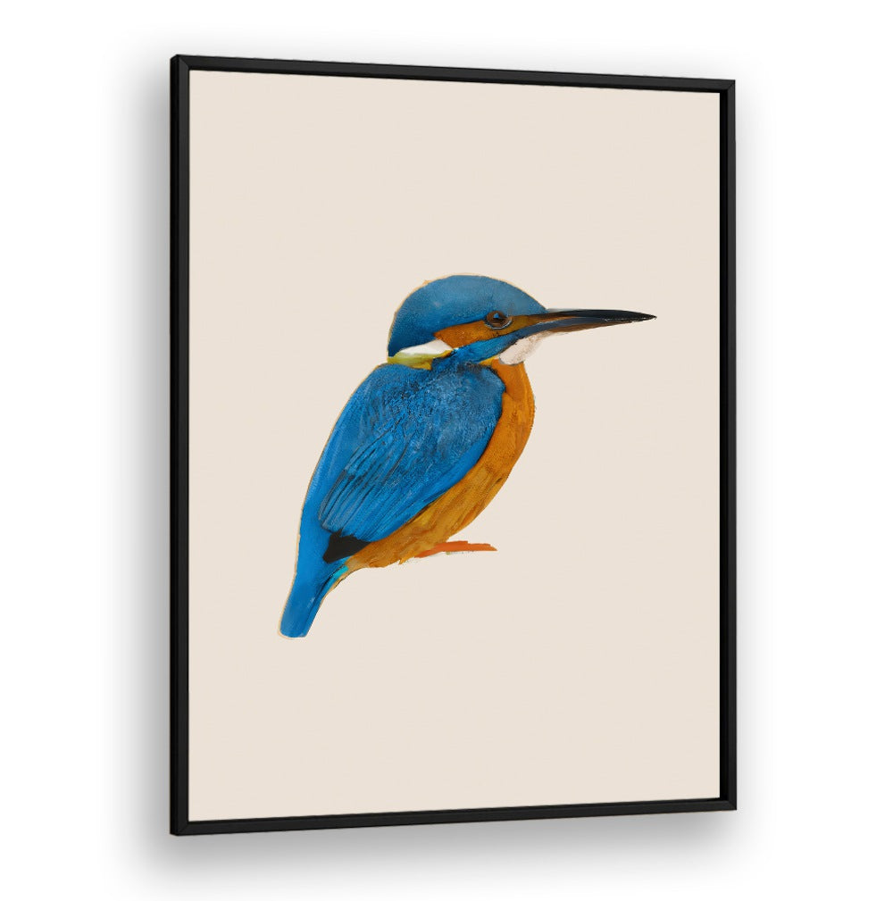RAINFOREST REBEL , ANIMAL PAINTINGS showcasing vibrant blue and orange kingfisher bird on minimal beige background.