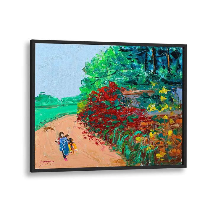 Colorful WILD ROSE WALL PATH, LANDSCAPE PAINTINGS featuring children walking along a vibrant garden path.