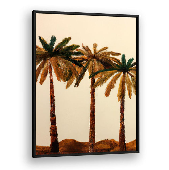 PALM TRIO , BEACH PAINTINGS showcasing three palm trees with warm tones, perfect for adding tropical calm to your decor.