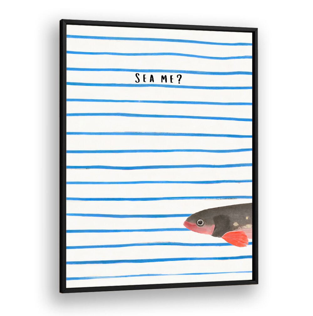SEA ME , BEACH PAINTINGS with playful fish and blue stripes capturing coastal charm and serene ocean vibes from BLACKPLAIN.