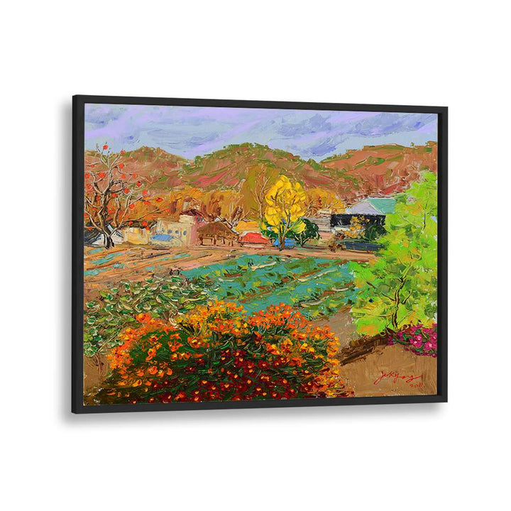 Vibrant CHRYSANTHEMUM VILLAGE, LANDSCAPE PAINTINGS showcasing lush scenery and colorful flowers in a serene setting.