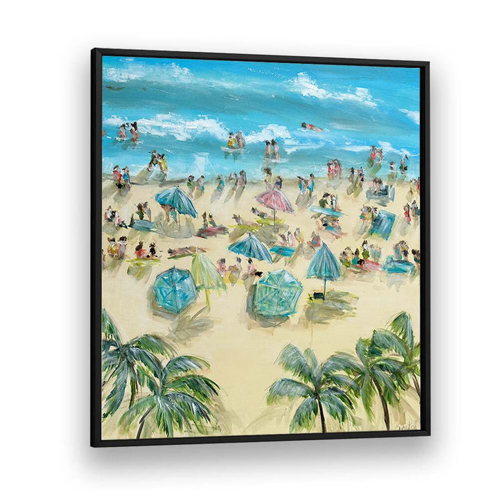 Vibrant scene of sunbathers and umbrellas in the BEACHSIDE BLISS, BEACH PAINTINGS, perfect for coastal decor.