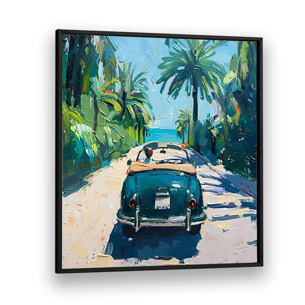 Classic car driving along a palm-lined road, embodying the spirit of a CAR ON THE BEACH adventure. Perfect for coastal lovers!