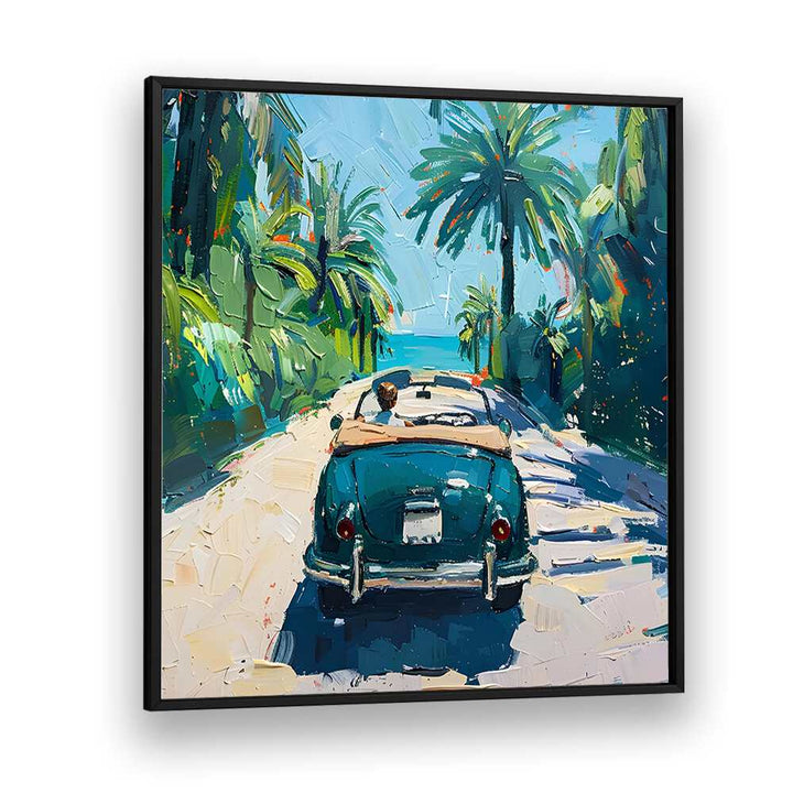 Classic car driving along a palm-lined road, embodying the spirit of a CAR ON THE BEACH adventure. Perfect for coastal lovers!
